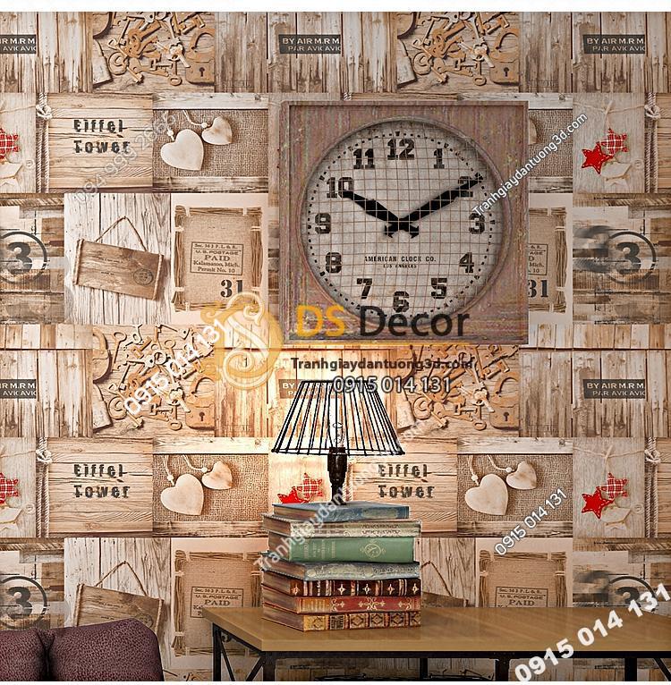Giấy dán tường họa tiết giả gỗ kiểu retro 3D055 quán cafe sao đỏ