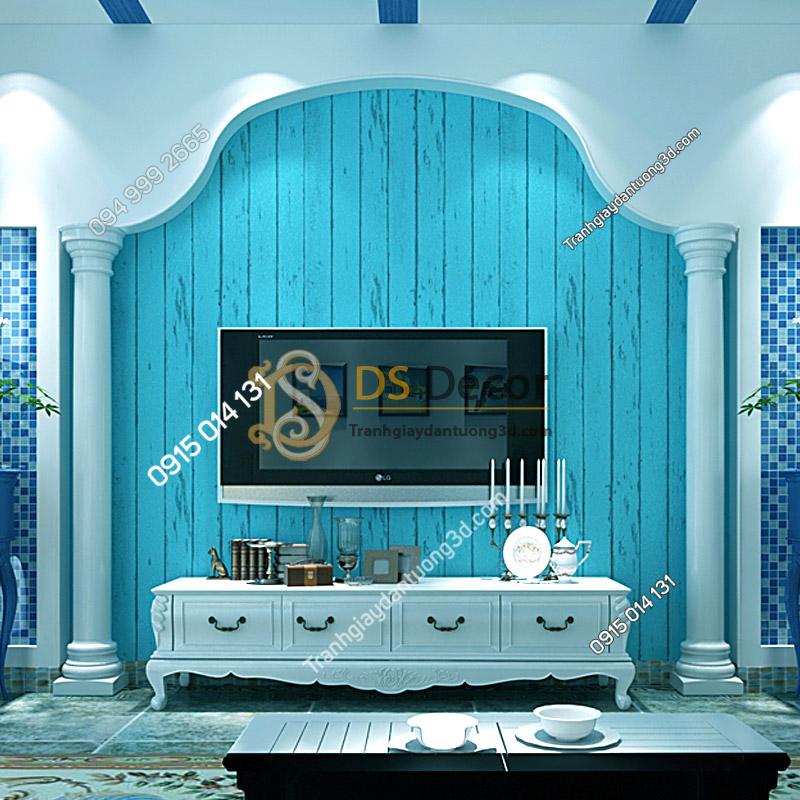Giấy dán tường giả ván gỗ xanh nước biển 3D065 trang trí phòng khách sau tivi
