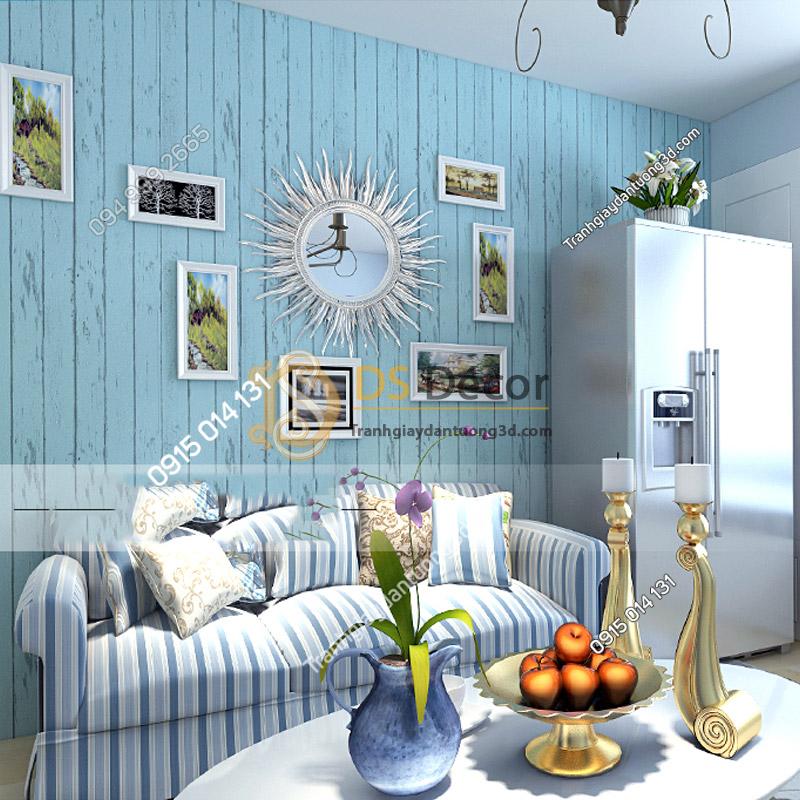 Giấy dán tường giả ván gỗ xanh nước biển 3D065 trang trí phòng khách
