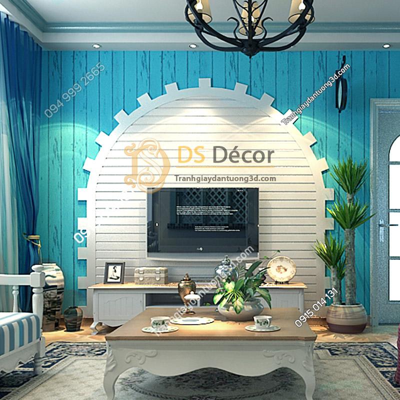 Giấy dán tường giả ván gỗ xanh nước biển 3D065 kết hợp nội thất xanh trắng