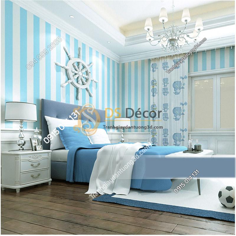 Giấy dán tường sọc xanh trắng 3D063 sử dụng trong phòng ngủ