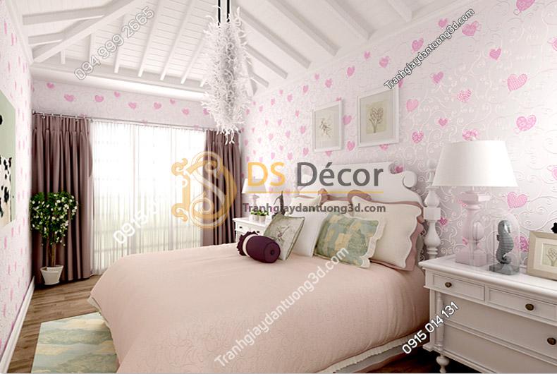 Phòng tân hôn quá đẹp với Giấy Dán Tường Họa Tiết Trái Tim 3D075 màu hồng