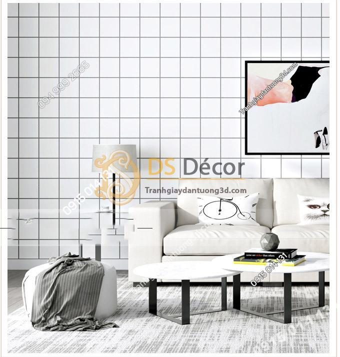 Giấy dán tường caro ô vuông trắng 3D088 kết hợp ghế sofa và tranh treo đồng màu