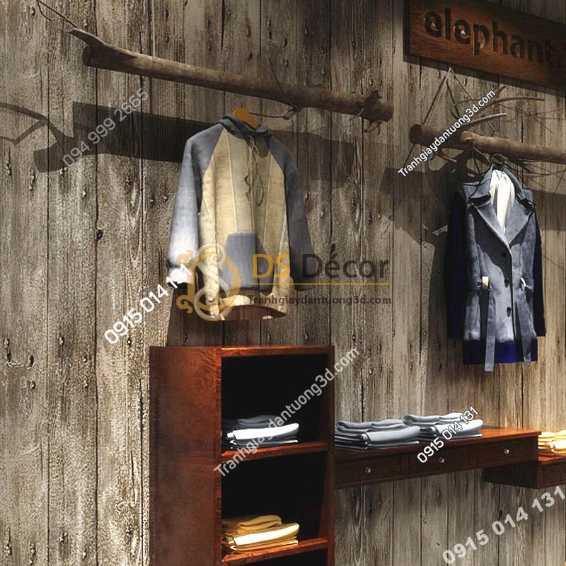 Giấy dán tường giả vân gỗ cổ 3D087 sử dụng trong shop bán thời trang