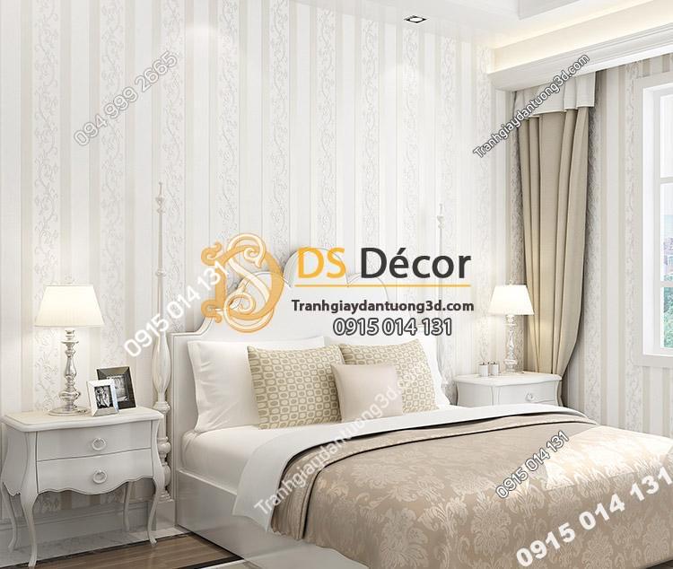 Giấy dán tường sọc dọc phối dây leo 3D084 màu trắng trang trí phòng ngủ