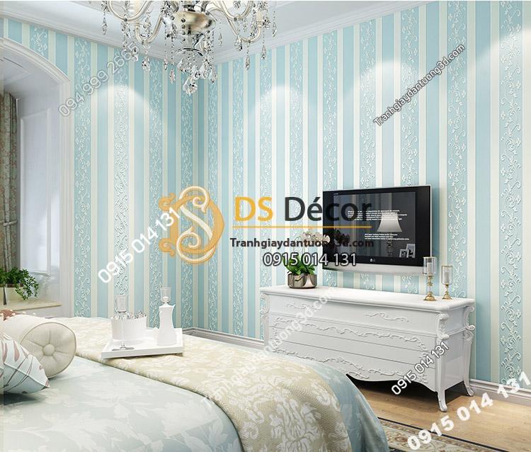Giấy dán tường sọc dọc phối dây leo 3D084 màu xanh blue trang trí phòng ngủ