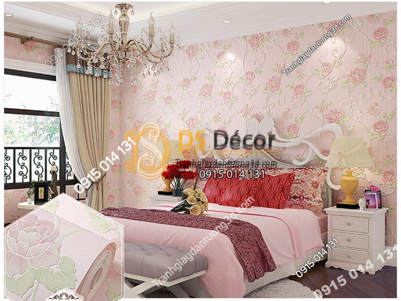 Giấy Dán Tường Hoa Hồng Dập Nổi 3D077 tông màu hồng trang trí phòng ngủ, phòng tân hôn.