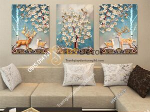 Tranh Treo Tường Phòng Khách Con Nai 3D Loại 3 Bức TT3D02