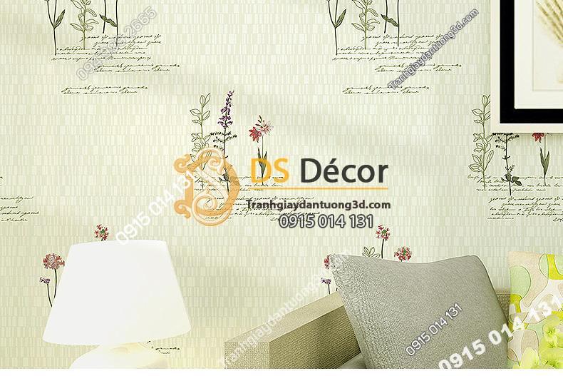 Giấy dán tường vườn hoa màu be và chữ 3D155 dán phòng ngủ