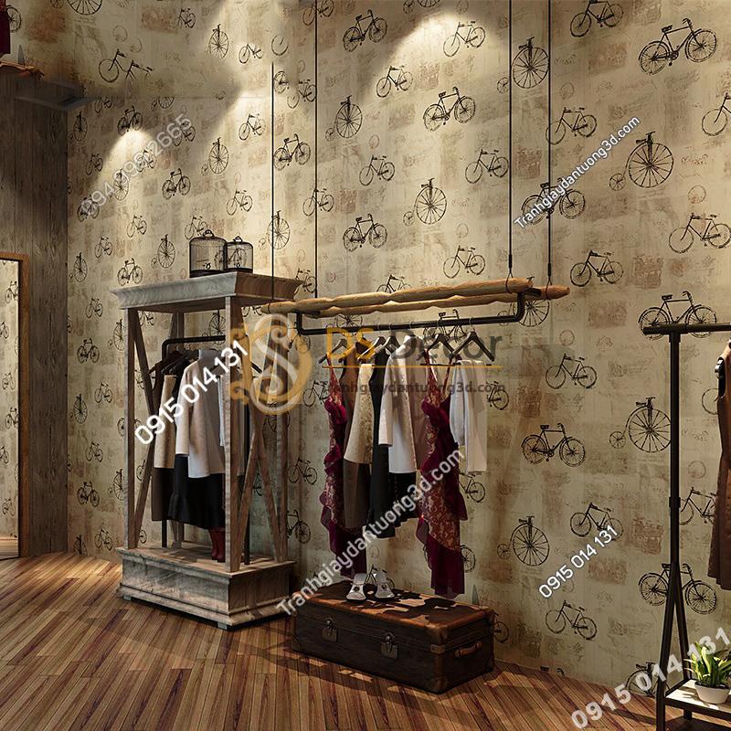 Giấy dán tường họa tiết xe đạp 3D172 trang trí shop thời trang
