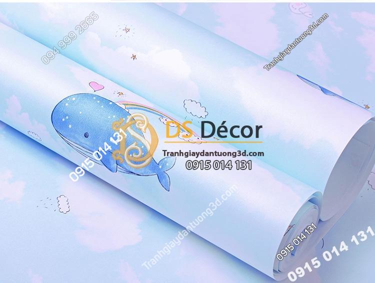 Be-mat-giay-dan-tuong-ca-heo-Dolphin-va-Mây-phong-tre-em-mau-xanh-3d134