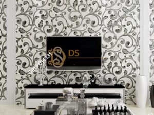 Giấy dán tường lá sen móc hoa 3D150 màu đen