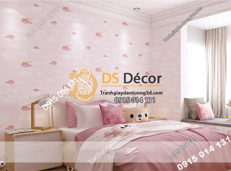 Giay-dan-tuong-ca-heo-Dolphin-va-Mây-phong-tre-em-mau-hong-3d134