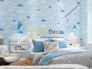 Giay-dan-tuong-ca-heo-Dolphin-va-Mây-phong-tre-em-mau-xanh-3d134
