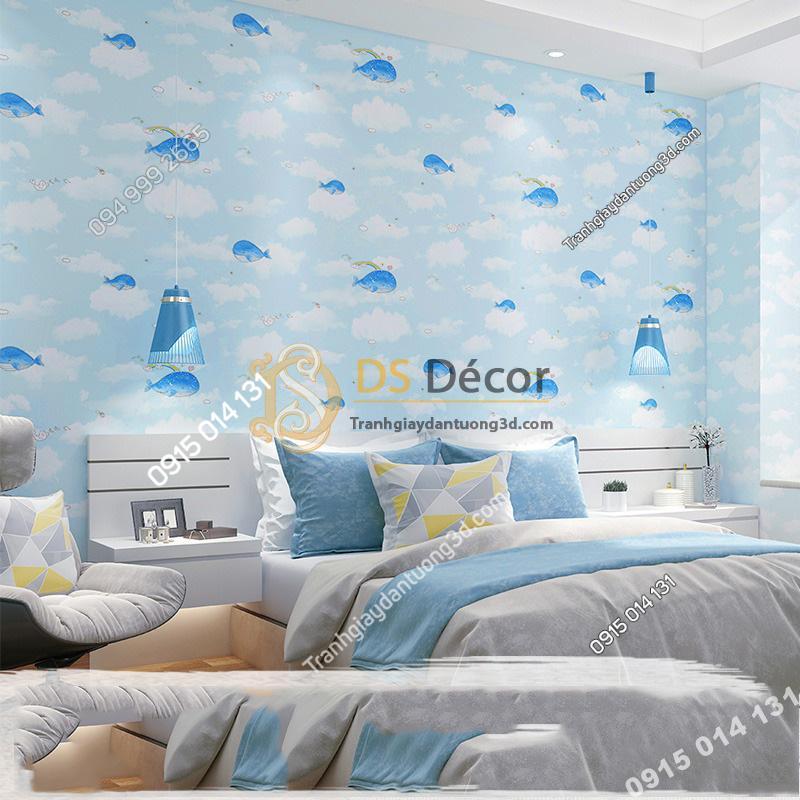 Giay-dan-tuong-ca-heo-Dolphin-va-Mây-phong-tre-em-mau-xanh-3d134