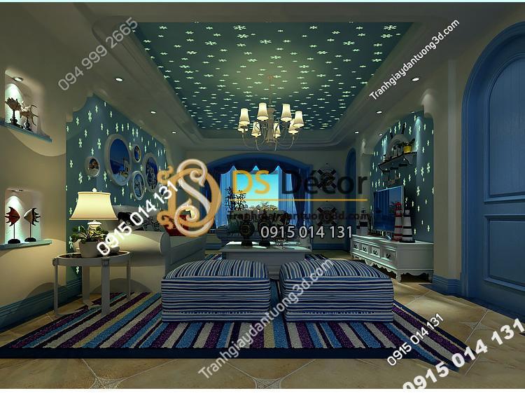 Giấy dán tường dạ quang bông tuyết xanh ban đêm 3D170