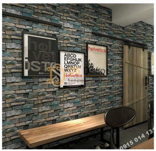 Giấy dán tường giả đá retro cho nhà hàng 3D164 màu xanh