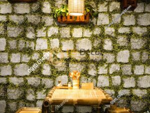 Giấy dán tường giả đá xen rêu xanh 3d179 trang trí quán ăn