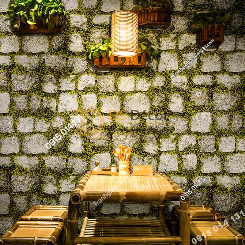Giấy dán tường giả đá xen rêu xanh 3d179 trang trí quán ăn