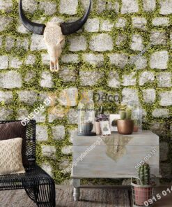 Giấy dán tường giả đá xen rêu xanh 3d179 trang trí quán cà phê