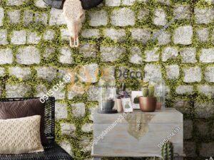 Giấy dán tường giả đá xen rêu xanh 3d179 trang trí quán cà phê