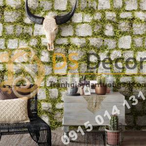 Giấy dán tường giả đá xen rêu xanh 3d179 trang trí quán cà phê