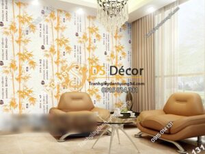 Giấy dán tường tre xanh thư pháp 3D174 màu vàng phòng khách