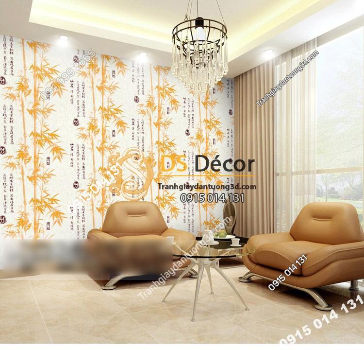 Giấy dán tường tre xanh thư pháp 3D174 màu vàng phòng khách