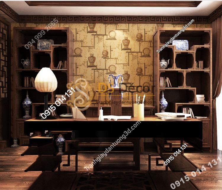 Giấy dán tường bình hoa và đĩa cổ màu nâu 3D76