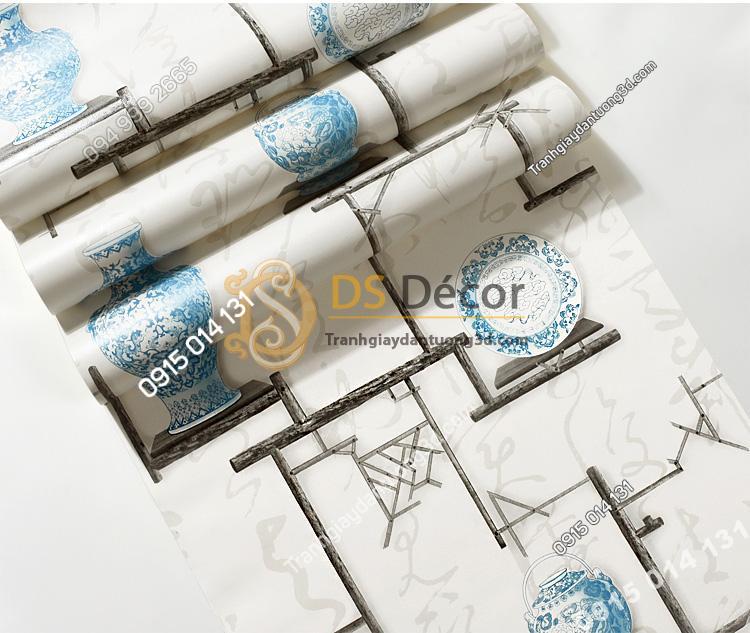 Bề mặt Giấy dán tường bình hoa và đĩa cổ màu xanh 3D76