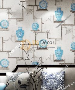 Giấy dán tường bình hoa và đĩa cổ màu xanh 3D76