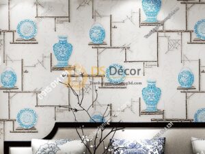 Giấy dán tường bình hoa và đĩa cổ màu xanh 3D76