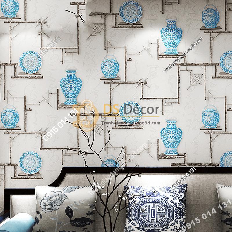 Giấy dán tường bình hoa và đĩa cổ màu xanh 3D76
