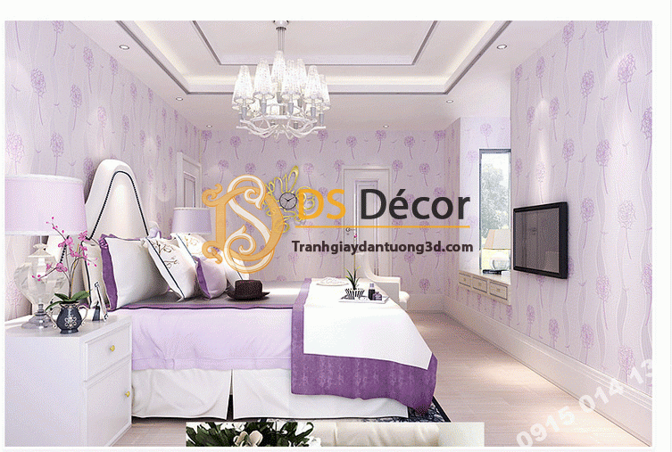 Giấy dán tường hoa bồ công anh lượn sóng 3D135 màu tím phòng ngủ