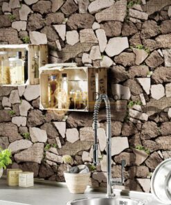 Giấy dán tường giả tường đá nâu cổ 3D154 phòng bếp
