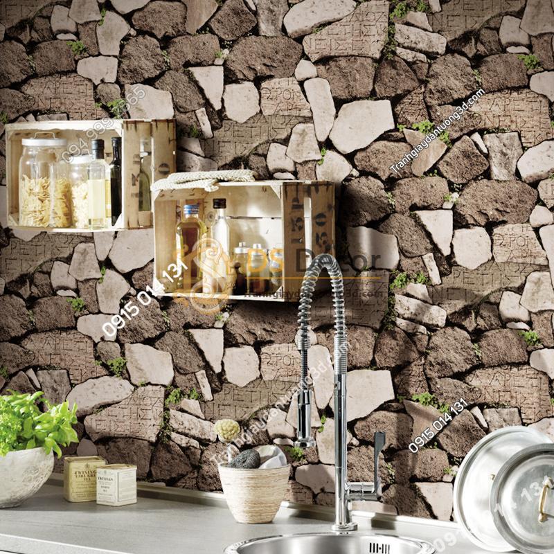 Giấy dán tường giả tường đá nâu cổ 3D154 phòng bếp