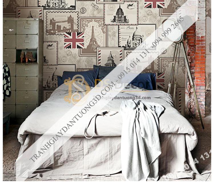 Giấy dán tường họa tiết tem thư 3D157 dán phòng ngủ