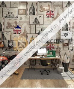 Giấy dán tường họa tiết tem thư 3D157 dán phòng làm việc