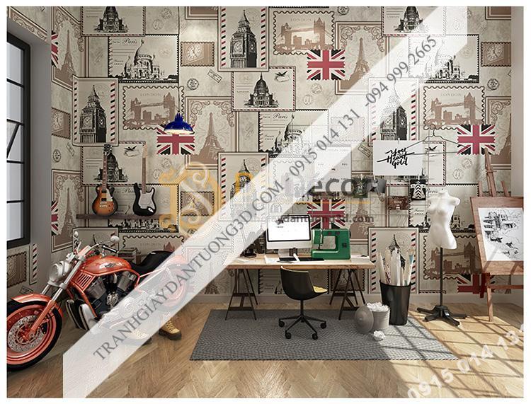Giấy dán tường họa tiết tem thư 3D157 dán phòng làm việc