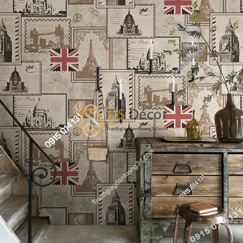 Giấy dán tường họa tiết tem thư 3D157 dán quán cafe