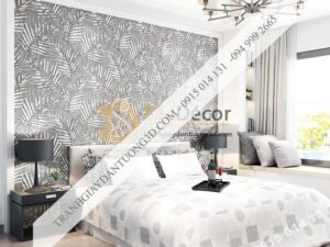 Giấy dán tường lá cọ màu trắng 3D160 phòng ngủ
