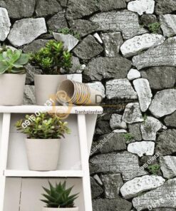 Giấy dán tường giả tường đá trắng đen cổ 3D154