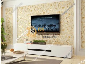 Giấy dán tường lá sen móc hoa 3D150 màu vàng