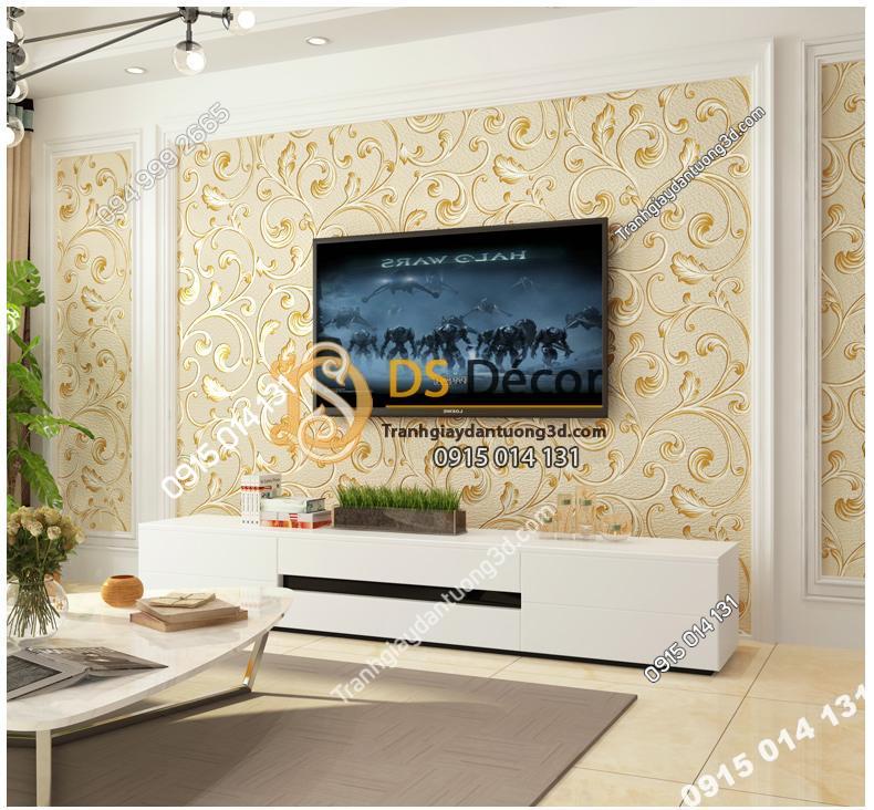 Giấy dán tường lá sen móc hoa 3D150 màu vàng