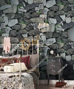 Giấy dán tường giả tường đá xám đen cổ 3D154