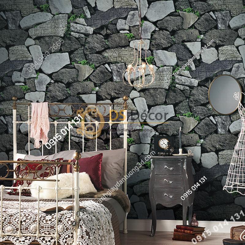 Giấy dán tường giả tường đá xám đen cổ 3D154