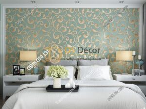 Giấy dán tường lá sen móc hoa 3D150 màu xanh