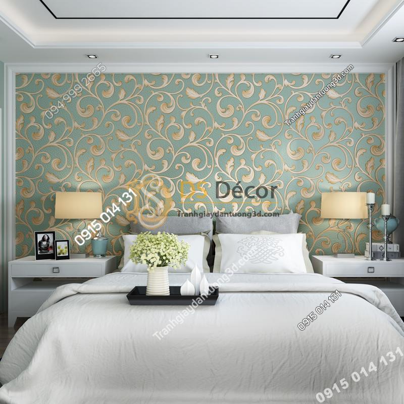 Giấy dán tường lá sen móc hoa 3D150 màu xanh