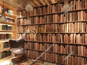 Giấy dán tường giả tủ kệ sách màu nâu 3D189
