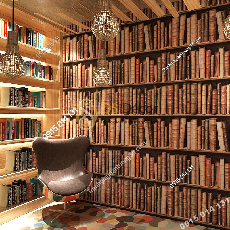 Giấy dán tường giả tủ kệ sách màu nâu 3D189 trang trí phòng ngủ